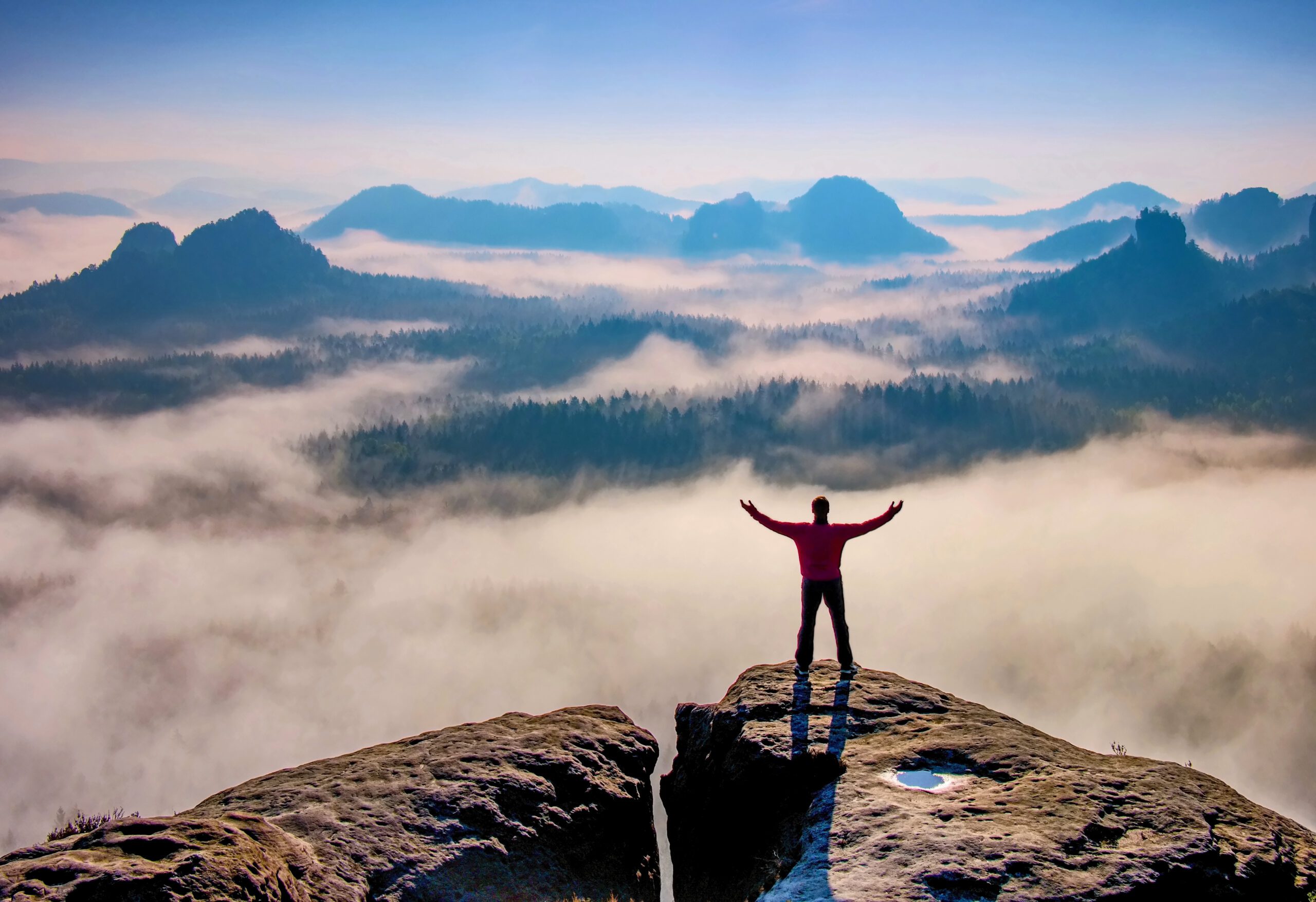 Hiker Man Enjoying Beautiful Sunrise